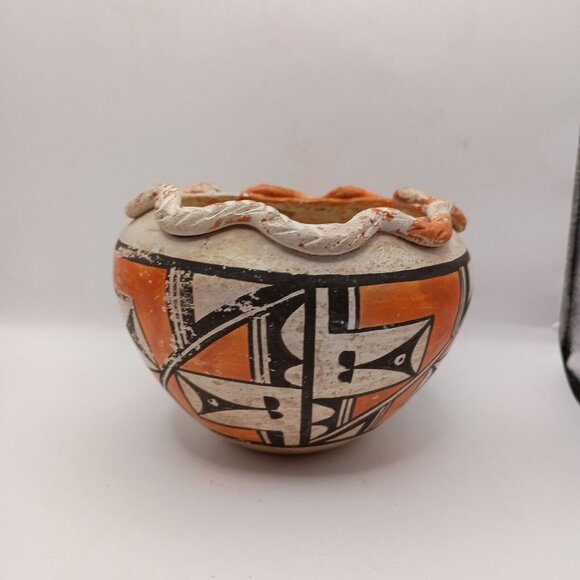 Old Vintage Acoma Pueblo Polychrome Pottery Bowl Olla Pie Crust Rim 3" x 4.5" - Picture 6 of 12